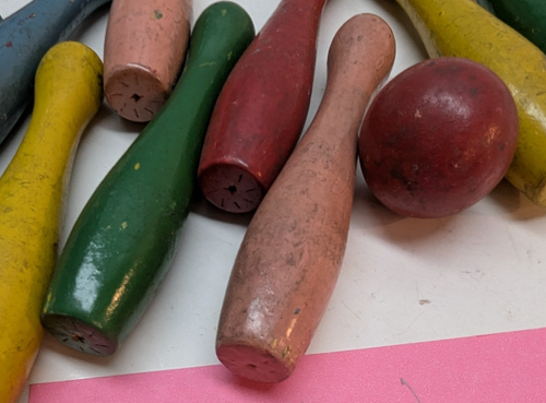 Vintage Bowling Ball & Pins Painted Primitive Wood 4.5-inch Set Toy Decorative - Picture 4 of 5