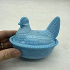 Vintage Blue Slag Milk Glass Hen on Basket Weave Base 6 X 5 X 4.75”