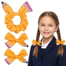 Back to School Hair Accessories - Pencil Bows Clips  Scrunchie Set Yellow