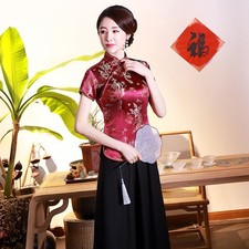 Einzigartige Damen Bluse im traditionellen Tang Style aus weichem Satinstoff