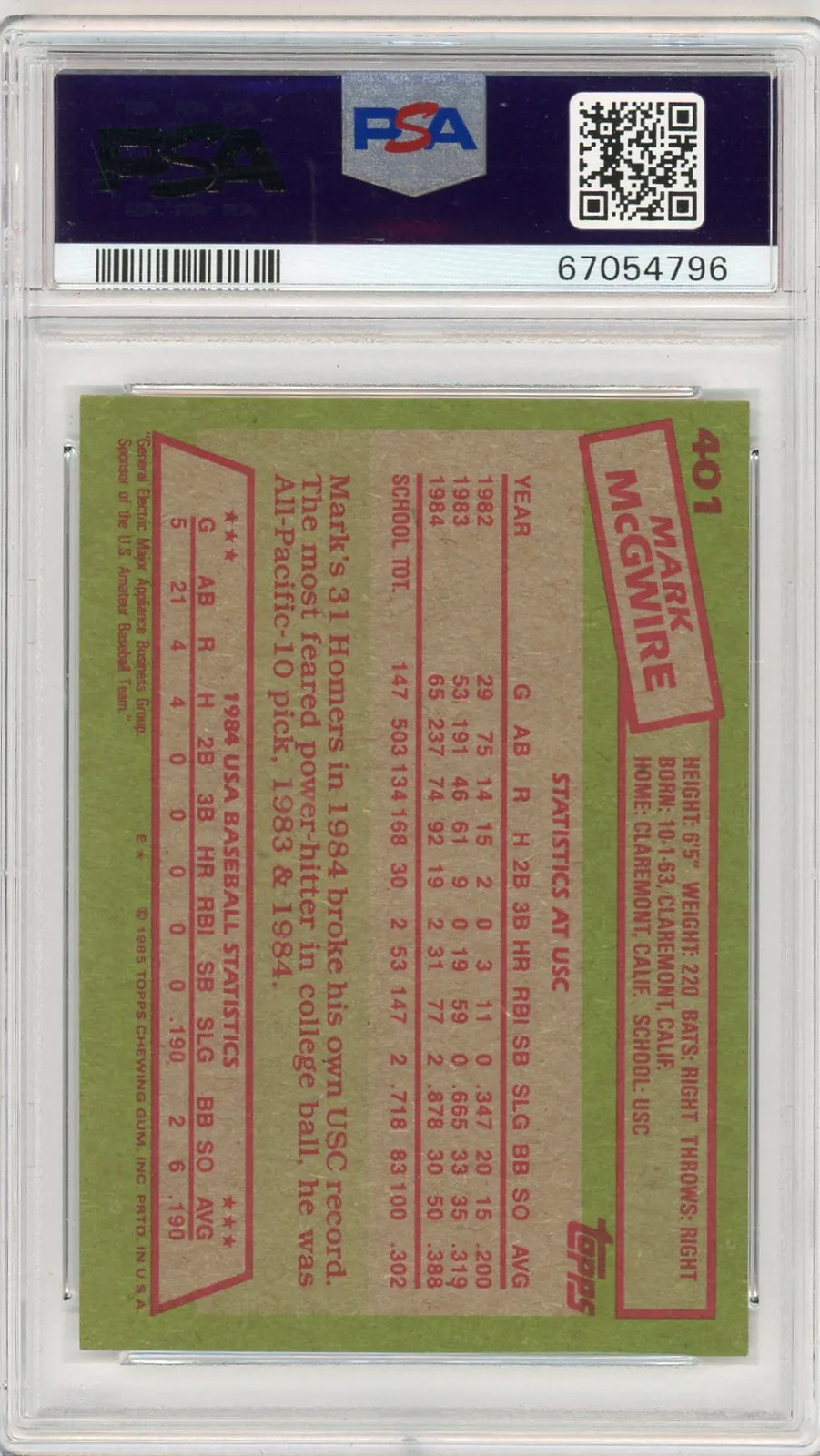 1985 Topps Mark Mcgwire #401 1984 Usa Baseball Team PSA 9 view 2
