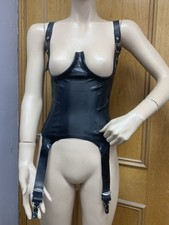 UK 16 Cupless Basque underbust latex rubber Fetish Wear Black 4 Suspender