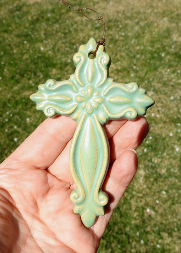 Vintage Decorative Ceramic Cross with Teal Glaze & Fleur-de-lis motifs 4 3/4" T