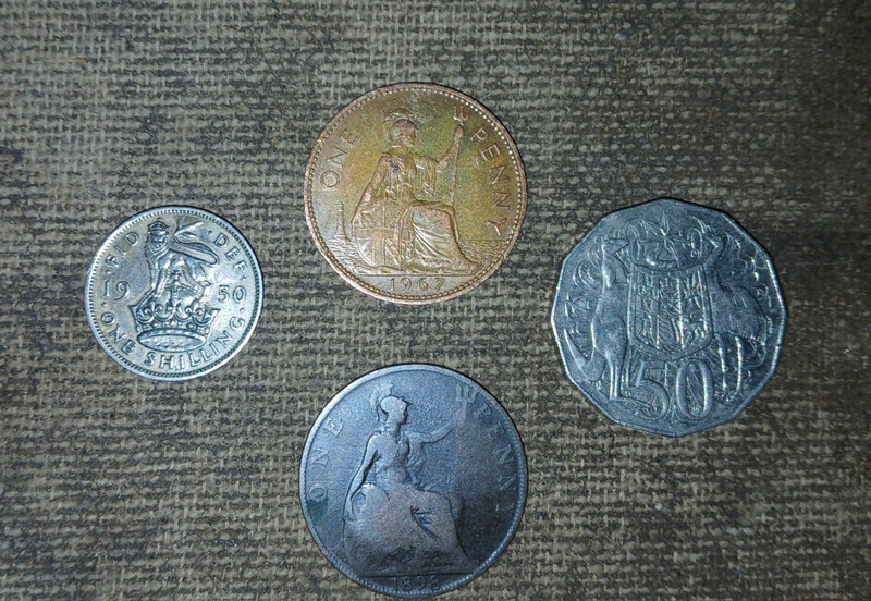 England Coin Lot: 1898 & 1967 One Penny, 1950 One Shilling Circulated