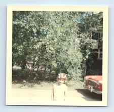 Old Vintage Square Color Photo SOLO GIRL IN DRIVEWAY CLASSIC CAR SNAPSHOT PIC