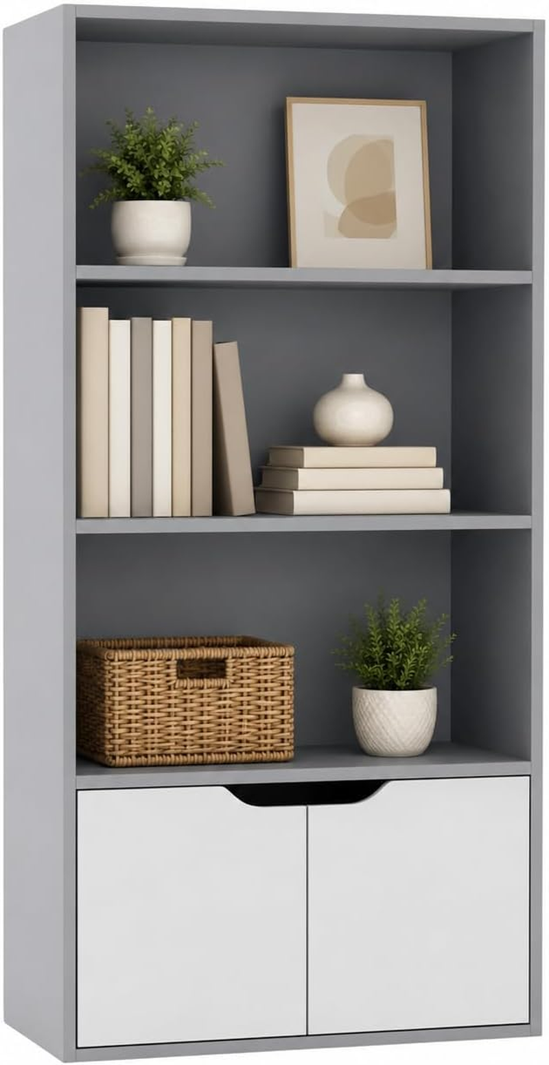 Tall Bookcase 4 Tier Oak Storage Cabinet Display Shelf Cupboard 2 Door Home Unit