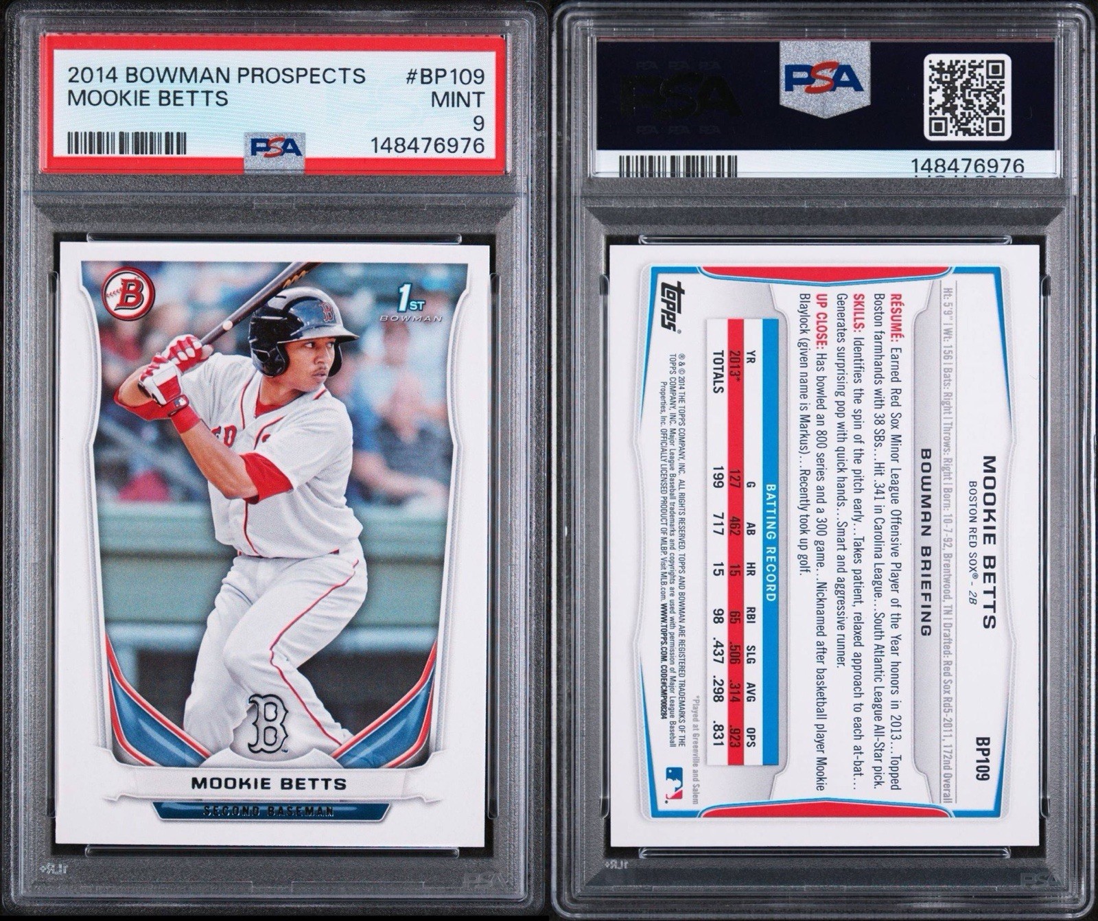 2014 Bowman Prospects #BP109 Mookie Betts RC Rookie PSA 9 MINT Dodgers view 3