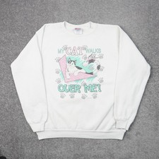 Vintage Retro Cats Cute Funny Mens Large White Long Sleeve Pullover Sweatshirt