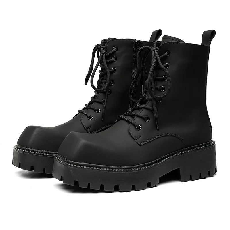 Men Leather Boots Square Toe Stage Nightclub Platform High Motorcycle Shoes Soft