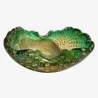 Vintage Murano Glass Bowl Adventurene Controlled Bubble Green Gold Art Dish