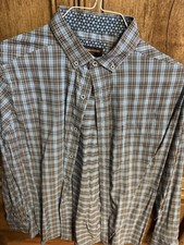 Johnston & Murphy Men's Blue Brown White Plaid Cotton Long Sleeve Button-Up Shi…