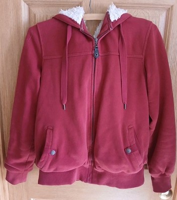 Green Tea Zip Up Red Hoodie Jacket Womens Small Excellent Sherpa Lined 