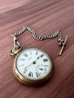 Vintage Working Glass TIMEX Pocket Watch Great Britain Roman Dial T-Bar Chain