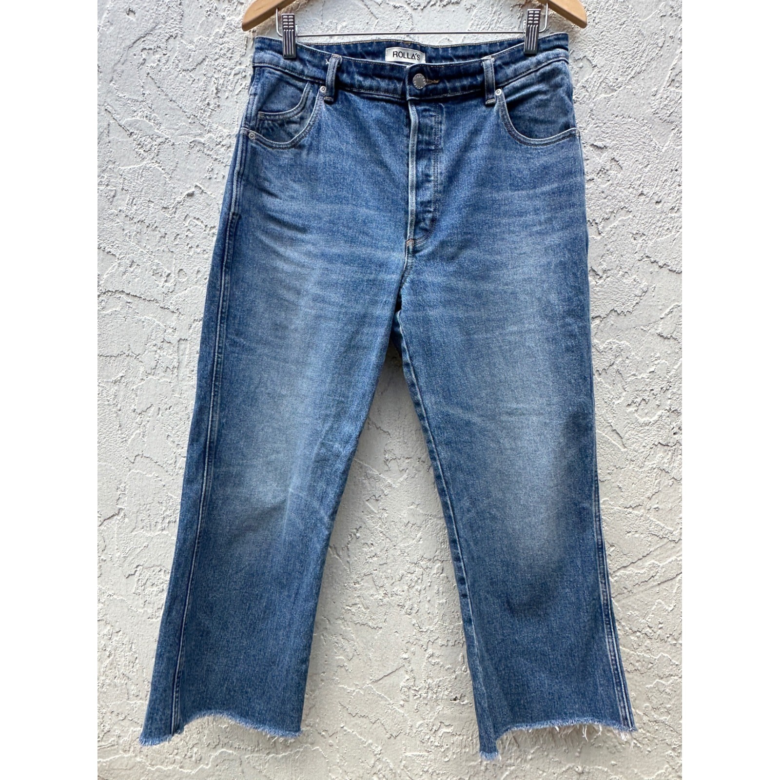 Rollas Classic Flare Crop Jeans High Rise Button Fly Medium Wash Blue Size 30