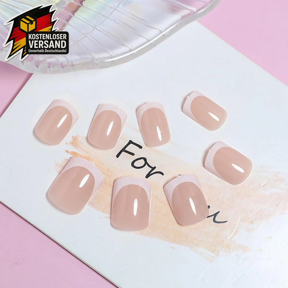 Kurz Eckig Press on Nails Nude French Fake Nails mit Kleber für Frauen Mädchen W - Bild 3 von 4