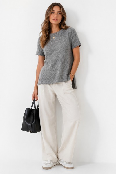 Zara Trafaluc M 10 12 Light Grey Knit Sweater Top Short Sleeve Tunic Split #Hg