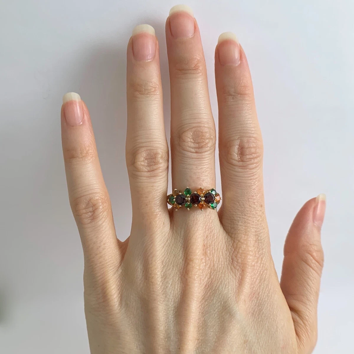 Garnet Emerald Citrine Multicolored Gemstone Ring 14K Yellow Gold 3.64 Grams