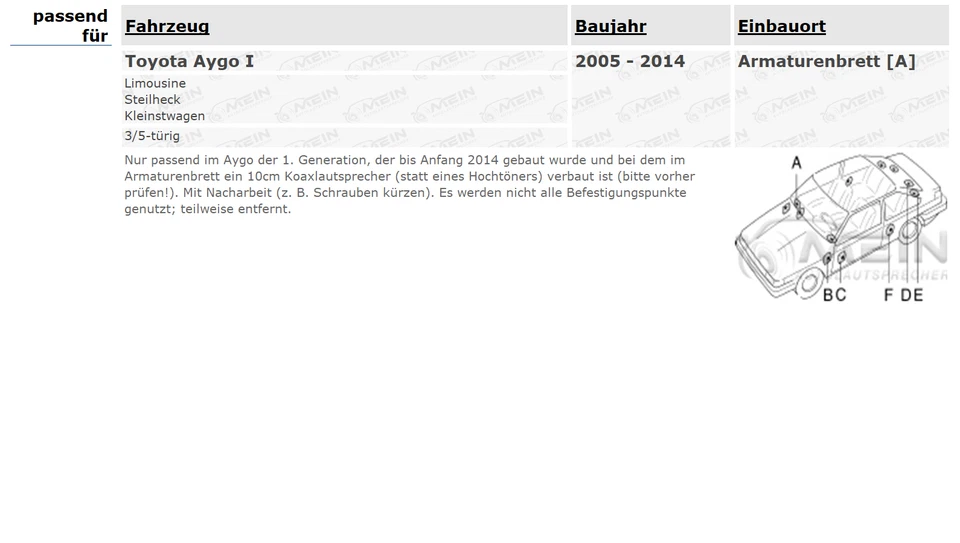 JBL LAUTSPRECHER für TOYOTA AYGO I 2005-2014 Armaturenbrett Front Vorn 90W #AR5B - Bild 2 von 2