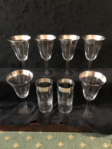 Set of 6 Vintage Dorothy Thorpe Wine Glasses & 2 Tumblers with Silver Rim