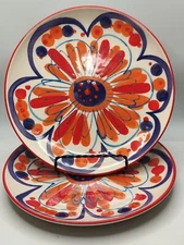 🔥2 Crate & Barrel PETULA RED 8.5" Salad Plate Red Orange Blue Flower Plates EUC