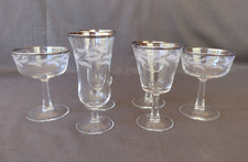 Vintage France Elegant Platinum Rim Leaf Crystal Cocktail Glasses - Set of 6