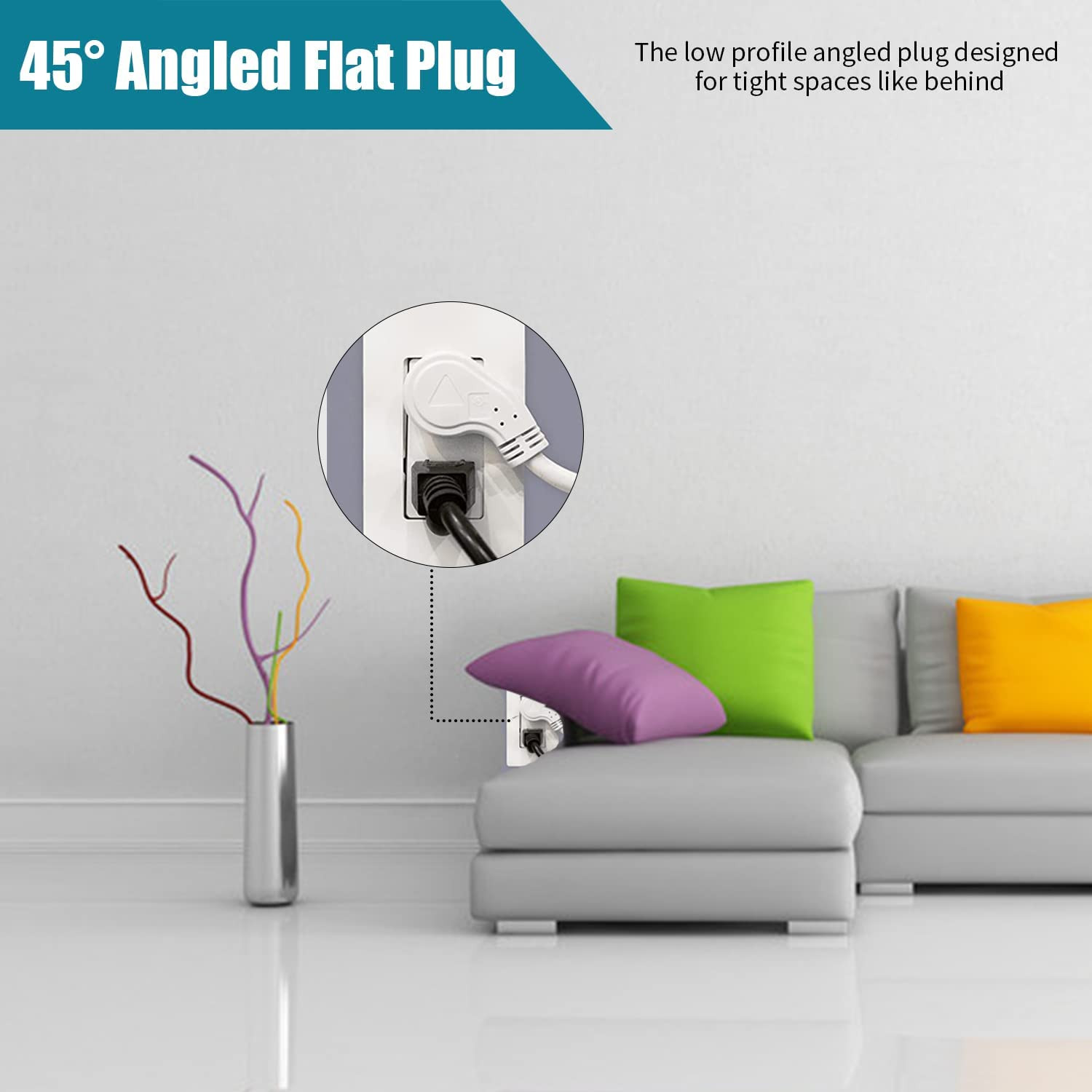 15 Ft Flat Plug Extension Cord, 16 AWG 3 Prong Grounded White Low Profile Extens