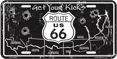 Route 66 Get Your Kicks Map With Bullet Holes  Embossed Metal License Plate Sign