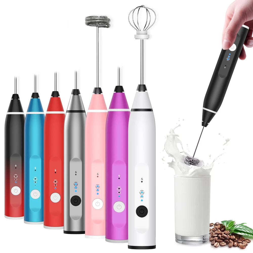 Milk Frother Rechargeable Handheld Electric Whisk Coffee Frother Mixer with 2...