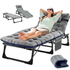 Adults Folding Loung Chair Sleeping Bed Camping Cot Adjustable Sun Chaise w/ Mat
