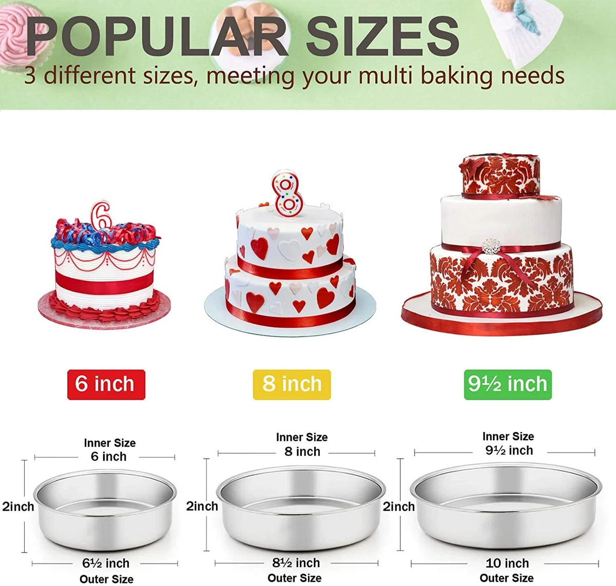 8 Inch Round Cake Pan Set, P&P CHEF 3 Piece Non-Stick Cake Baking Pans for  Birthday Wedding Layer Cakes, Stainless Steel Core & One-piece Design