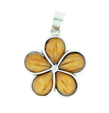 925 Sterling Silver Natural Hawaiian Koa Wood Pendant - Plumeria Flower