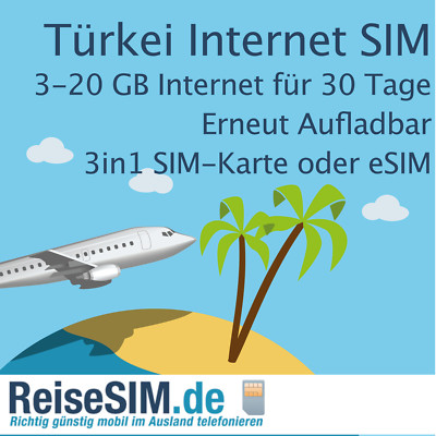 Prepaid Internet SIM-Karte oder eSIM für die Türkei mit 3-20 GB für 30 Tage