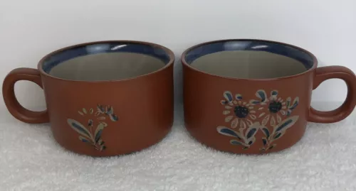 Otagiri Japan Mid Century Modern Stoneware Florals 4-1/4” Diam Soup Mugs (2)
