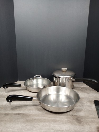 Vtg Revere Ware 8", 10" Skillet Fry Pan Tri Ply Disc SS + 2qt Sauce Pan Set Of 3