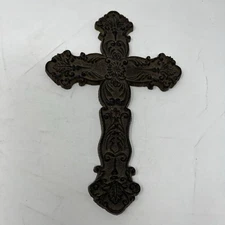 Vintage Cast Iron Hanging Cross Christianity Wall Decor Rustic Floral Leaf 10"