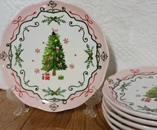4 Potter's Studio Christmas Tree Red Bows Salad Dessert Plates 8 1/2" NEW