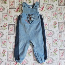 Vtg Baby B'gosh Moose Fleece Overalls 24M Blue Colorblock Romper OshKosh 90s