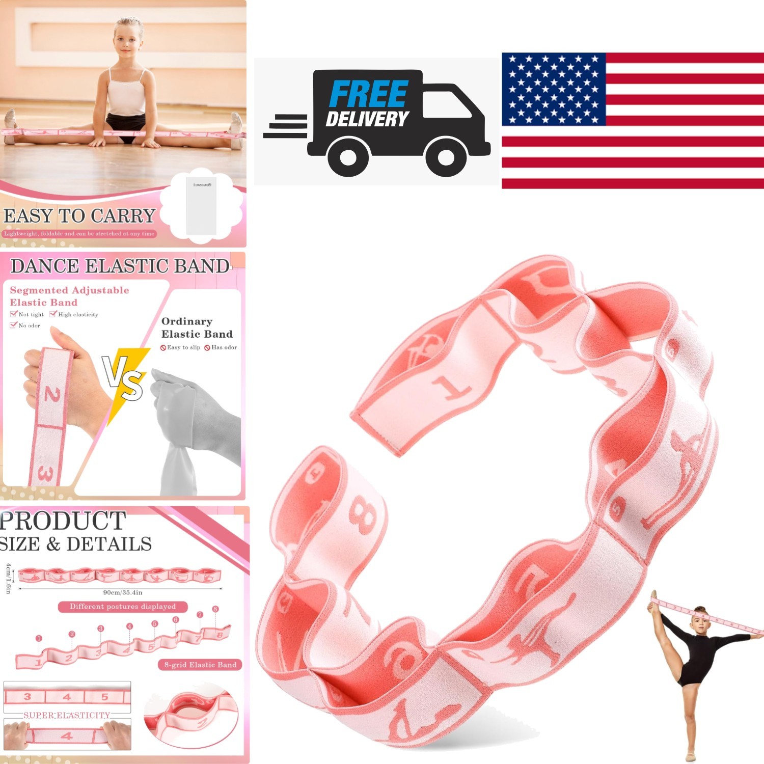 Adjustable Kids Stretch Band 35.4 Inch Pink Gymnastic Exerci