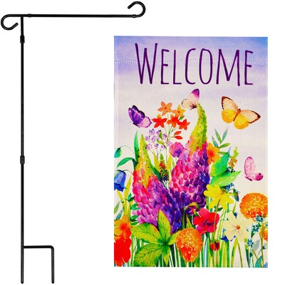 Garden Flag Stand & Garden Flag Spring Floral Butterfly Welcome Printed 12x18IN