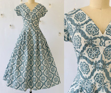 Vtg 1950s White Blue Geometric Floral Print Fit Flare Midi Dress, Medium 50s