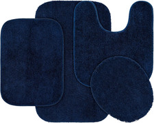 Traditional Nylon Washable Navy 4 Piece Set - Lid, Contour, 2 Bath Rugs - Soft,