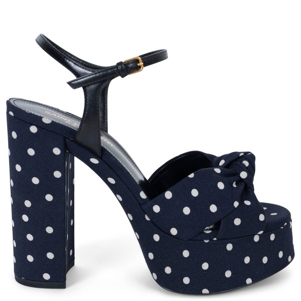 72744 authentische Saint Laurent marineblau weiß gepunktet Bianca Plateau Sandalen Schuhe 37,5