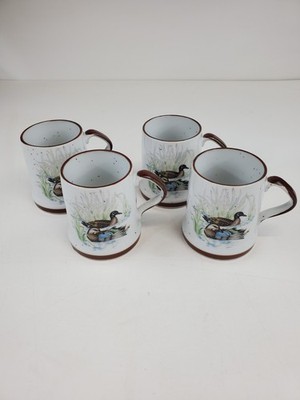 Set of 4 Otagiri Ceramic Coffee Mugs Brown Speckle with Ducks