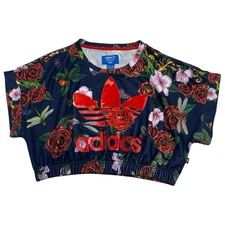 Adidas x Rita Ora Top Womens S Blue Floral Cropped TShirt Athleisure Athletic