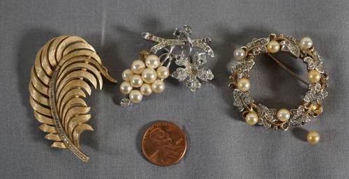 Lot of 3 Vintage Crown Trifari Goldtone Brooch Pin - Missing Stones/Pearls
