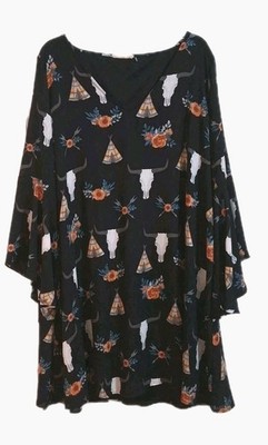 Boho Berry N Cream Black Dress Western Cow Skull Roses Size 1X GUC