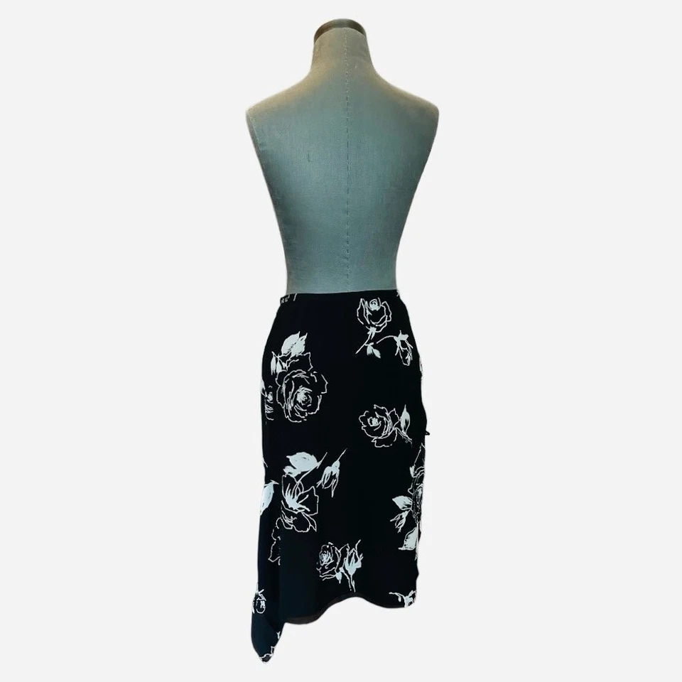 NWT Dana Buchman Black Cream Floral Silk Asymmetrical Midi Skirt Size 10 Vintage - Image 4 of 4