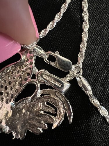 925 Sterling Silver Men CZ Rooster Chicken Gallo Pendant & Rope Chain 20 24 30 - Picture 6 of 6