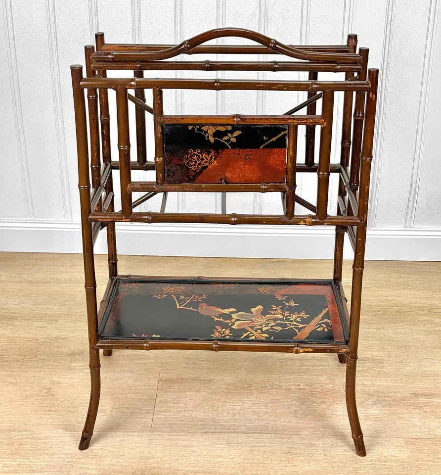 Vintage Chinese Chinoiserie Rattan Lacquered Magazine Record Stand - Image 3 of 4