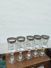 Murano Medici Etched Glass Italy Set 5 Port Sherry Goblets Glasses Platinum Band